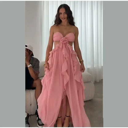 時尚女士春季鏤空3D花朵荷葉邊長裙