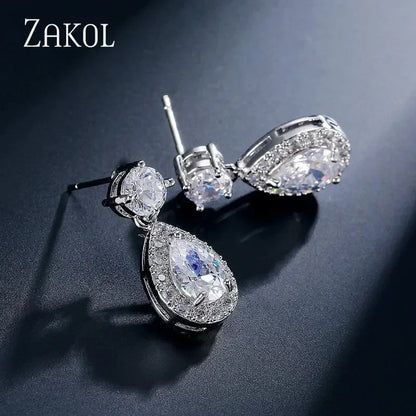 Pendientes colgantes clásicos ZAKOL con forma de gota de agua y circonita cúbica para novia, para mujer y niña, joyería de compromiso y boda de cristal CZ moderno