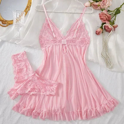 2 Pcs Set Sexy Lingerie Set Women Deep V Slip Dress Thong Erotic Bra Panty Sets Lace Nightdress Transparent Soft Nightgown