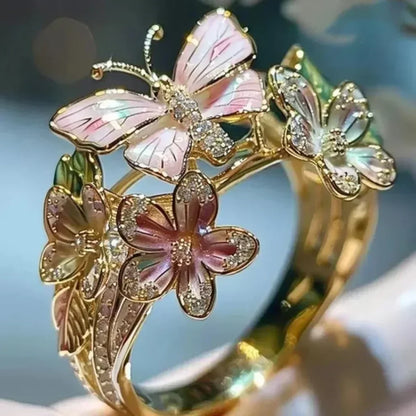 Anillos estéticos de flores y mariposas para mujer, románticos, con diamantes de imitación, elegantes, que no se decoloran, joyería de boda para mujer, regalo de fiesta