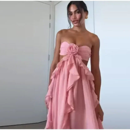 時尚女士春季鏤空3D花朵荷葉邊長裙