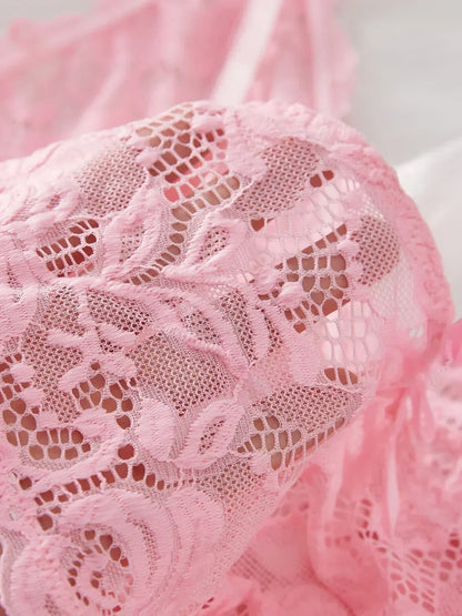 性感內衣套裝 女士情趣胸罩睡裙 性感蕾絲睡衣 純色修身柔軟連身裙 V領全襯裙睡衣連身裙