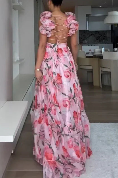 印花雪紡長裙 夏季時尚 優雅V領 荷葉邊