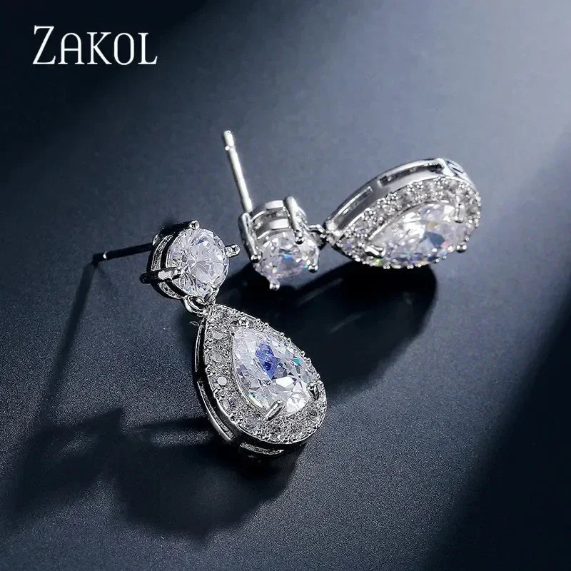Pendientes colgantes clásicos ZAKOL con forma de gota de agua y circonita cúbica para novia, para mujer y niña, joyería de compromiso y boda de cristal CZ moderno