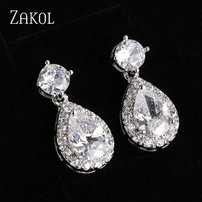 Pendientes colgantes clásicos ZAKOL con forma de gota de agua y circonita cúbica para novia, para mujer y niña, joyería de compromiso y boda de cristal CZ moderno