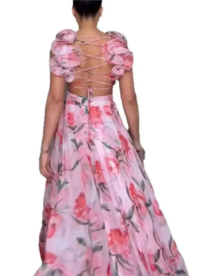 印花雪紡長裙 夏季時尚 優雅V領 荷葉邊