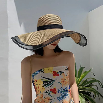Women Sun Hat Big Eaves Waves Beach Cap Ladies Hat Big Brim Sun Visors UV Cut Bucket Panama Cap Foldable Straw Sunscreen Vintage