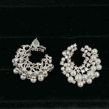 Vintage Rhinestone Firework Stud Earrings for Women Elegant Double Row Imitation Pearl Earring Girl Party Wedding Jewelry