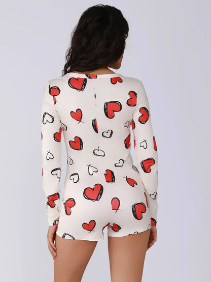 Body de una pieza para mujer, pijama sexy de chica sexy con estampado digital de corazón, conjunto de manga corta, pantalones cortos, ropa para el hogar