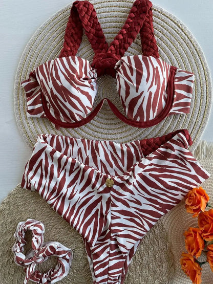 Conjunto de traje de baño de dos piezas con cuello halter y ribete de Franze