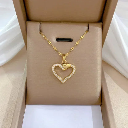 Collar de acero inoxidable con circonitas y forma de corazón para mujer y niña, moderno collar de metal dorado, ideal para fiestas, cumpleaños y uso diario.
