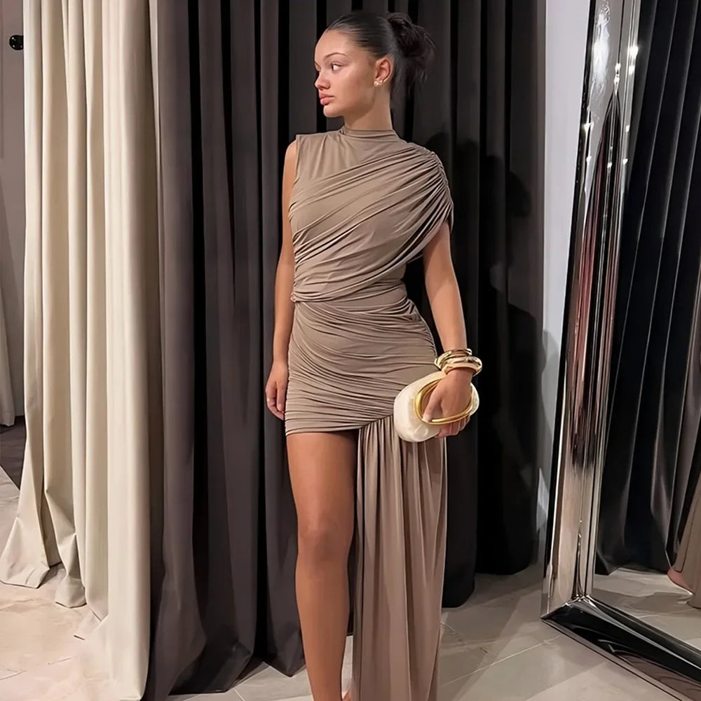 Vestido mini plisado irregular | Vestido urbano con borlas en el dobladillo