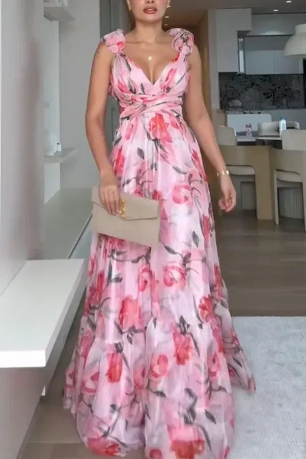 印花雪紡長裙 夏季時尚 優雅V領 荷葉邊