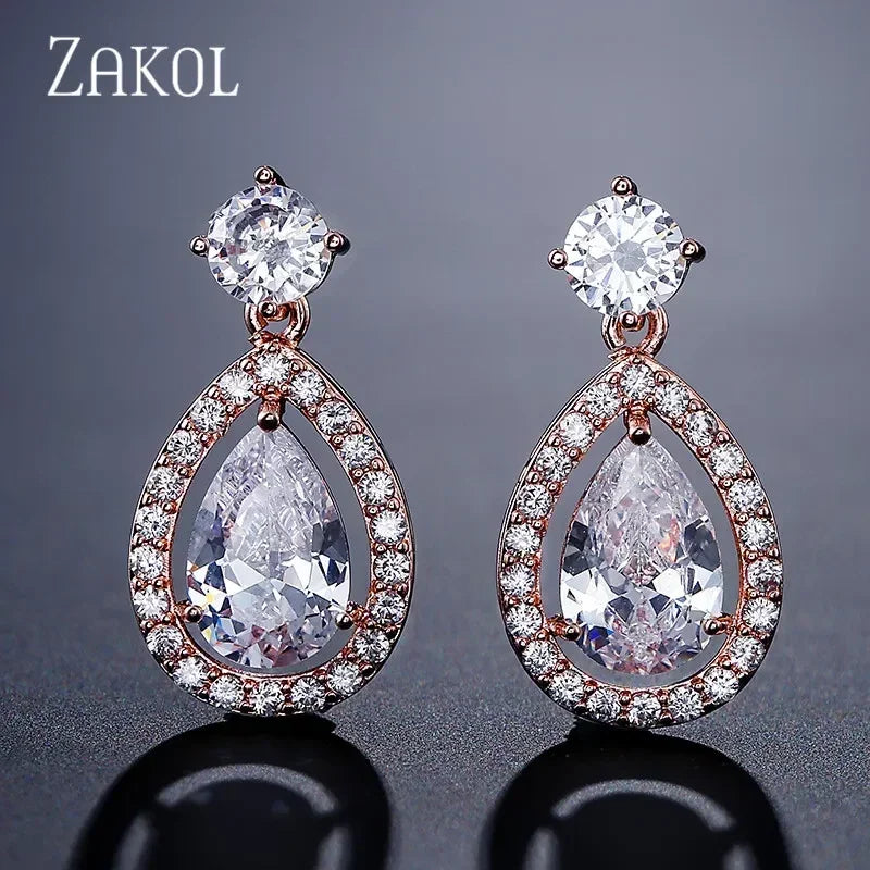 Pendientes colgantes clásicos ZAKOL con forma de gota de agua y circonita cúbica para novia, para mujer y niña, joyería de compromiso y boda de cristal CZ moderno