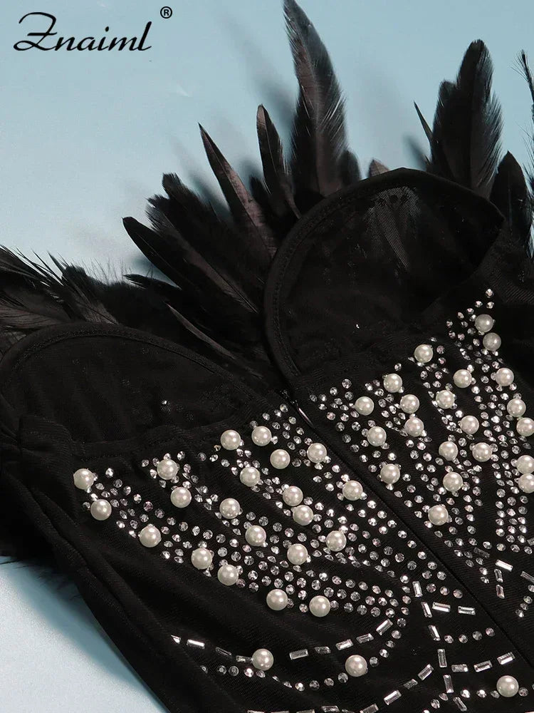 Vestido transparente con diamantes de imitación y plumas sexys de Znaiml