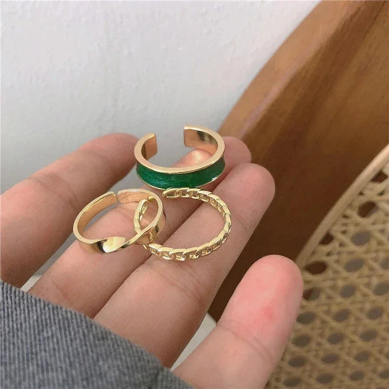 Juego de 3 anillos abiertos ajustables para mujer, con esmalte blanco y verde, con diseño geométrico, joyería punk moderna y con personalidad.