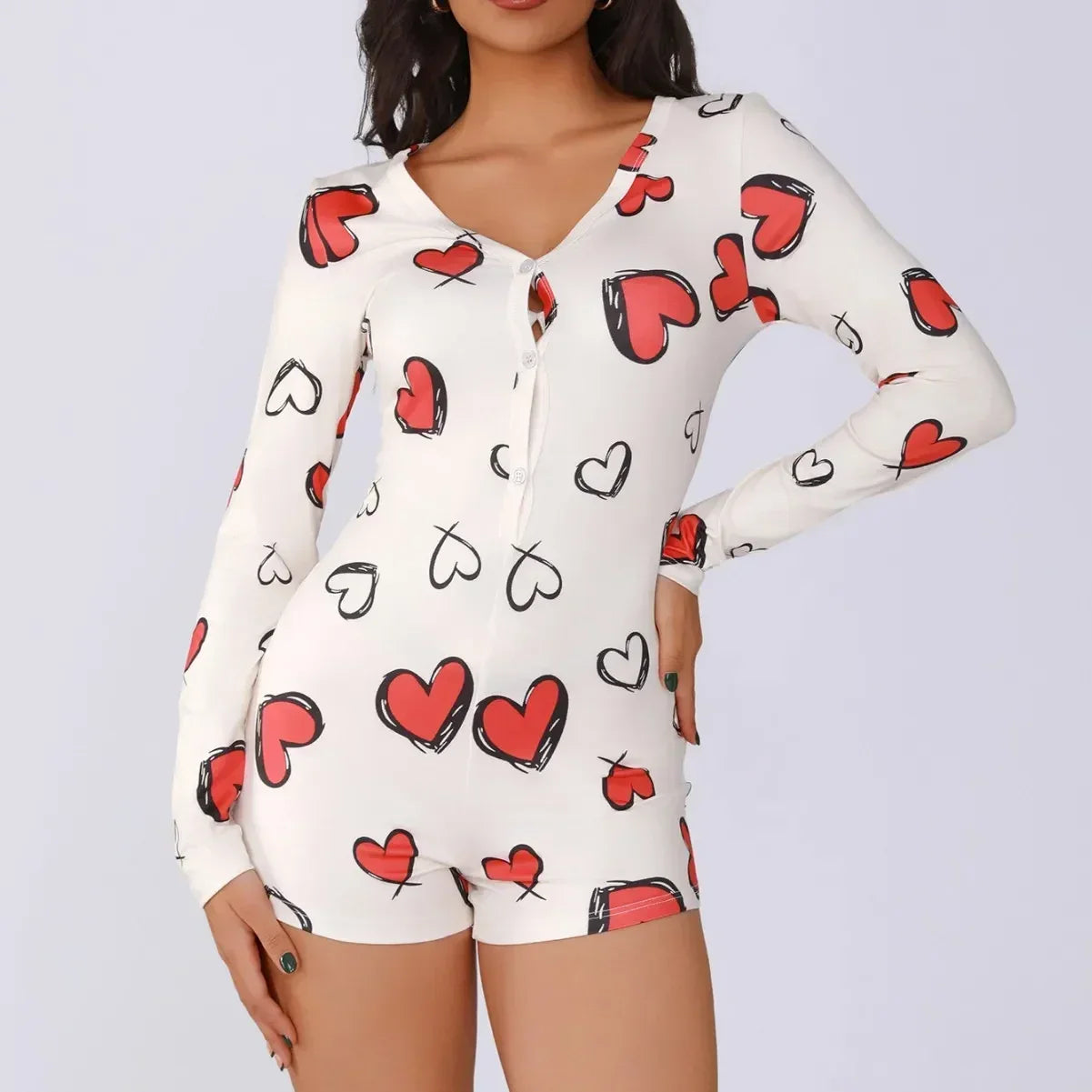 Body de una pieza para mujer, pijama sexy de chica sexy con estampado digital de corazón, conjunto de manga corta, pantalones cortos, ropa para el hogar