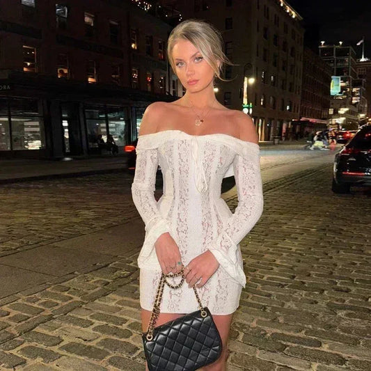 Oligai 女士蕾絲修身迷你連身裙，露肩性感長袖夜店派對連身裙，優雅秋季連身裙