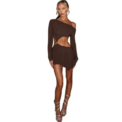 Whatiwear Hollow Waistless Dress Women Skew Collar Off Shoulder