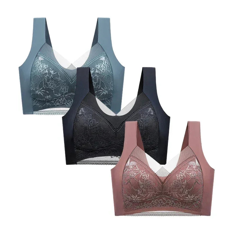 FallSweet - Conjunto de 3 sujetadores push-up de encaje para mujer, sin aros, de seda helada, con escote en V profundo, lencería femenina, ropa interior para mamá, tallas L-5XL