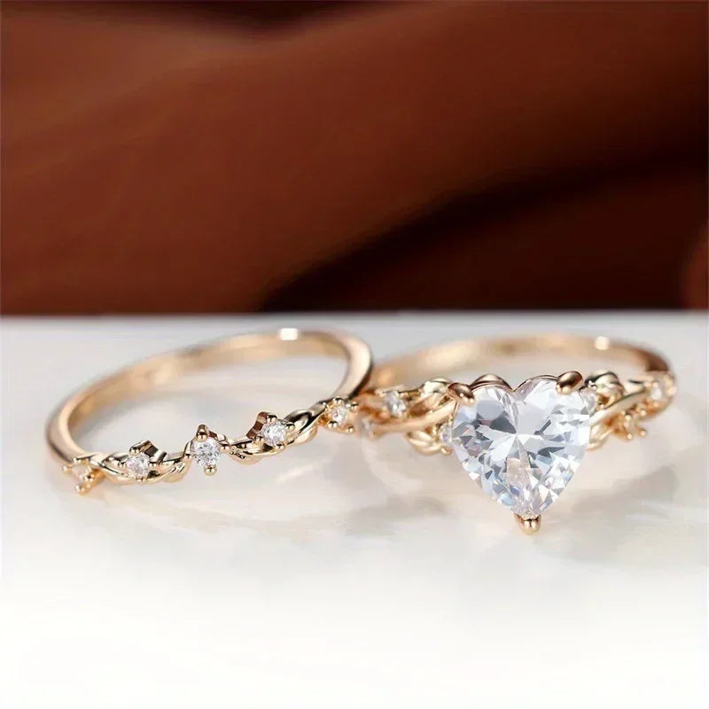 Conjunto de anillos en forma de corazón con piedra verde, negra y roja para mujer, anillos de boda de circonita blanca en color oro rosa.