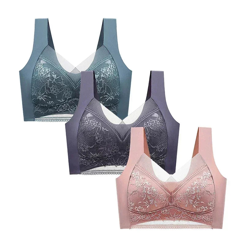 FallSweet - Conjunto de 3 sujetadores push-up de encaje para mujer, sin aros, de seda helada, con escote en V profundo, lencería femenina, ropa interior para mamá, tallas L-5XL