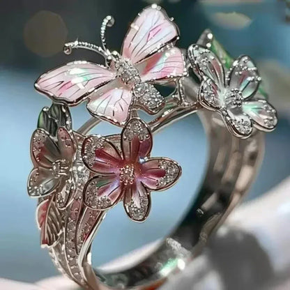 Anillos estéticos de flores y mariposas para mujer, románticos, con diamantes de imitación, elegantes, que no se decoloran, joyería de boda para mujer, regalo de fiesta