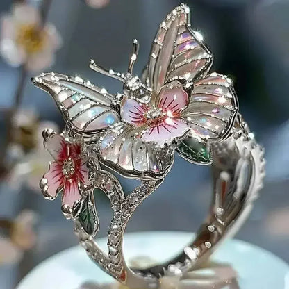 Anillos estéticos de flores y mariposas para mujer, románticos, con diamantes de imitación, elegantes, que no se decoloran, joyería de boda para mujer, regalo de fiesta