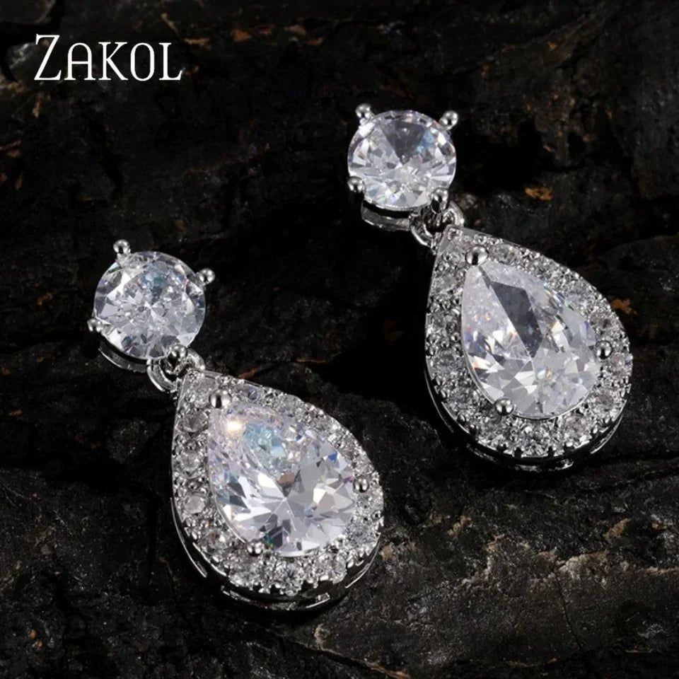 Pendientes colgantes clásicos ZAKOL con forma de gota de agua y circonita cúbica para novia, para mujer y niña, joyería de compromiso y boda de cristal CZ moderno