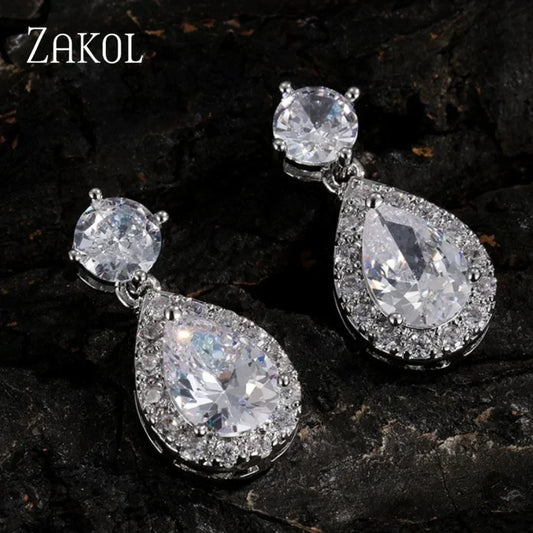 ZAKOL Classic Water Drop Cubic Zircon Bridal Dangle Earrings for Women Girl Trendy CZ Crystal Wedding Engagement Jewelry