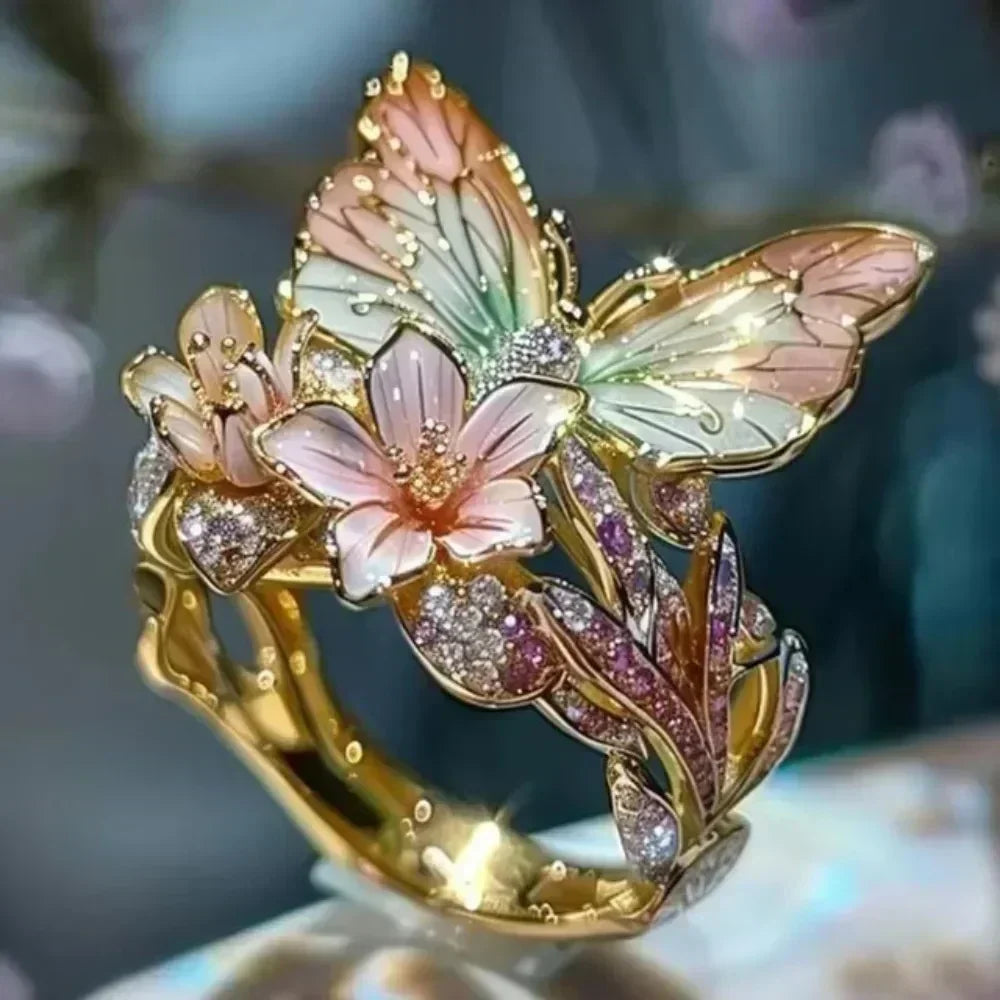 Anillos estéticos de flores y mariposas para mujer, románticos, con diamantes de imitación, elegantes, que no se decoloran, joyería de boda para mujer, regalo de fiesta