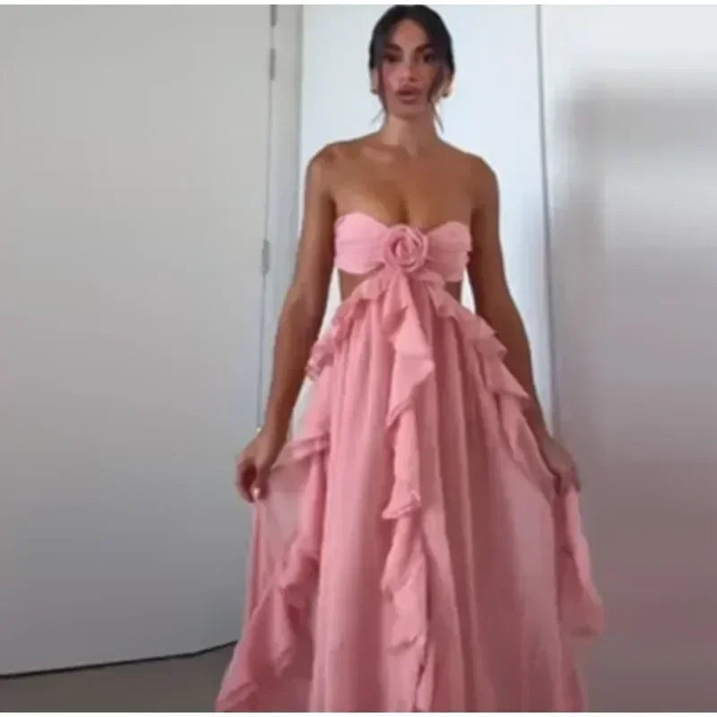 時尚女士春季鏤空3D花朵荷葉邊長裙