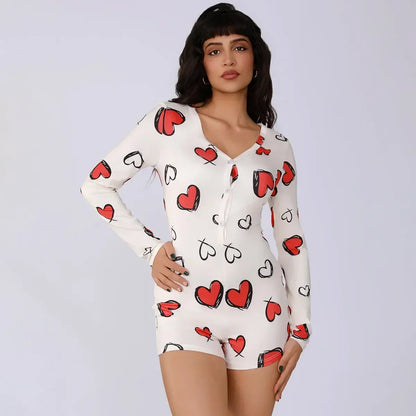 Body de una pieza para mujer, pijama sexy de chica sexy con estampado digital de corazón, conjunto de manga corta, pantalones cortos, ropa para el hogar