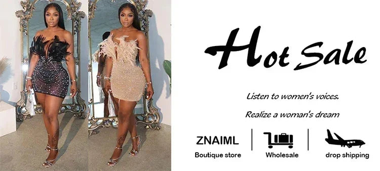 Vestido transparente con diamantes de imitación y plumas sexys de Znaiml