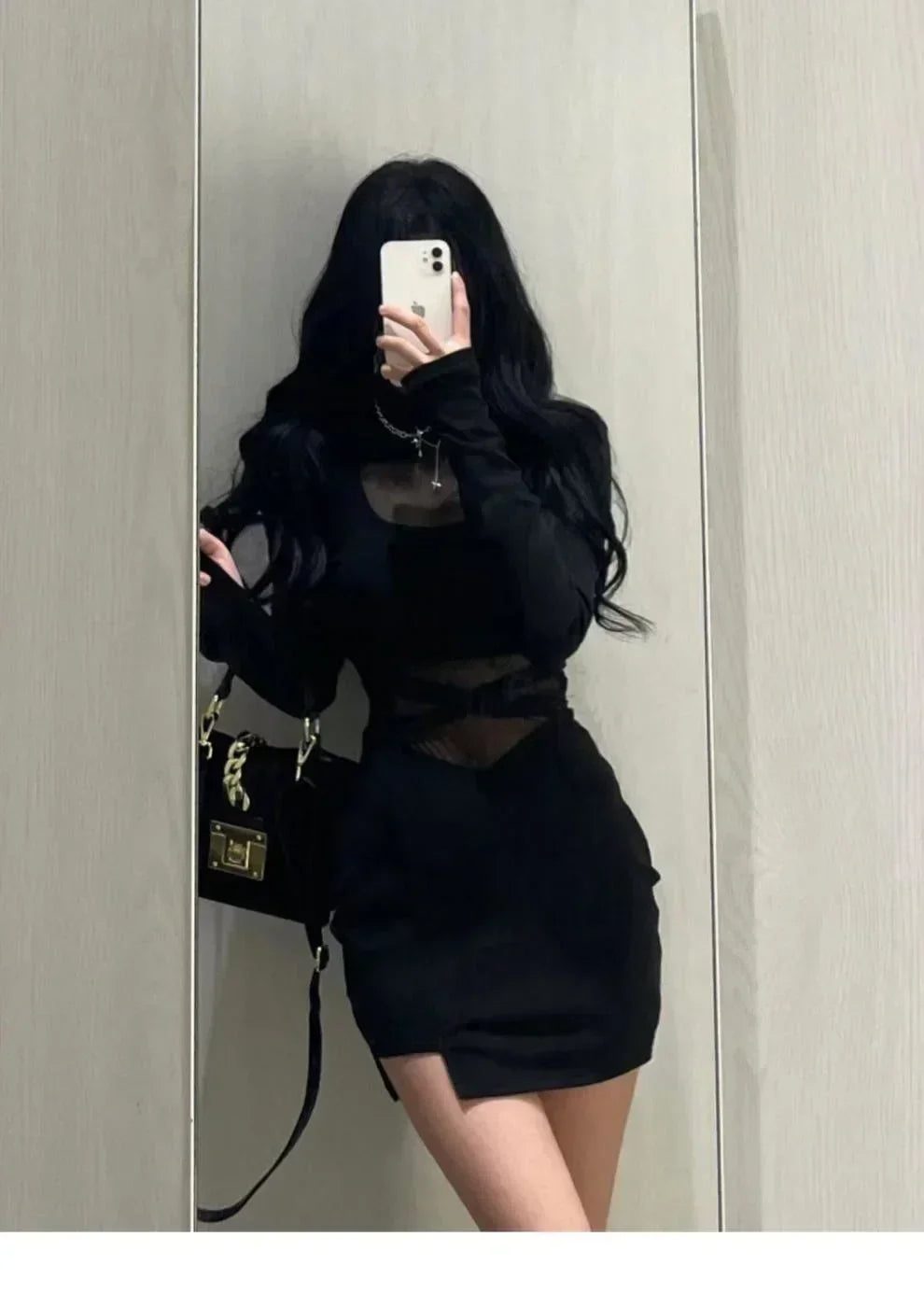 疊袖新款性感黑色魚骨連身裙