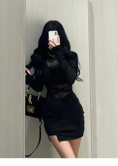 疊袖新款性感黑色魚骨連身裙