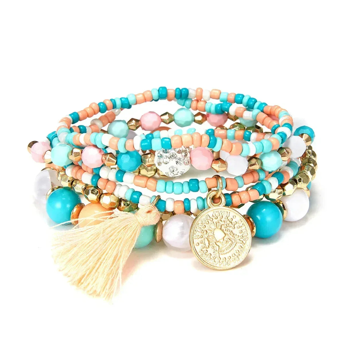 Pulseras de cuentas multicolores con borlas de cristal bohemio para mujer, hechas a mano, con cuerda elástica, joyería para fiestas de playa de verano