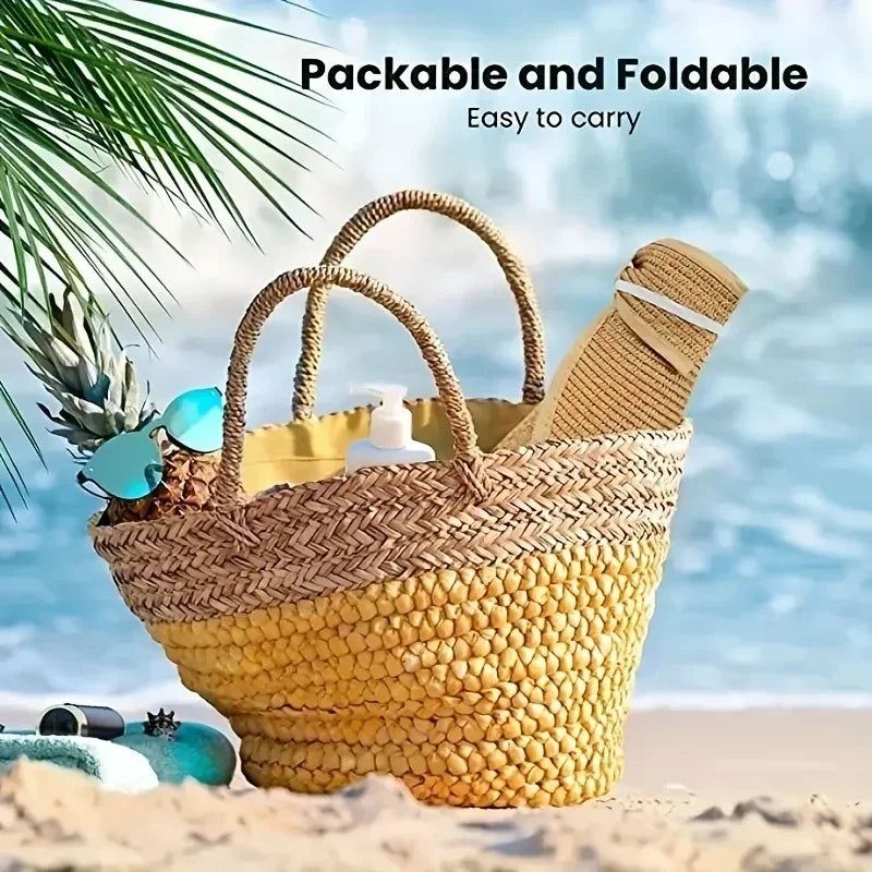 女士夏季遮陽帽 - 時尚防紫外線，適合戶外徒步，可折疊，寬簷沙灘草帽