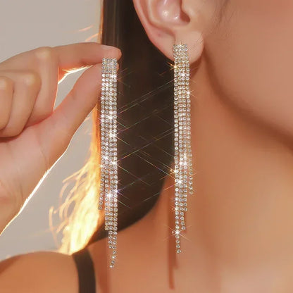 Pendientes largos con borlas de cristal y diamantes de imitación brillantes de 4 líneas TREAZY para mujer, pendientes colgantes para bodas y fiestas, pendientes de novia