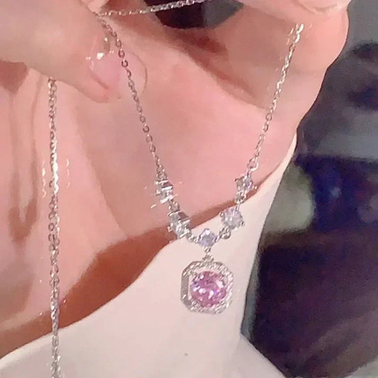 Luxurious Square Pink Zircon Pendant Necklace