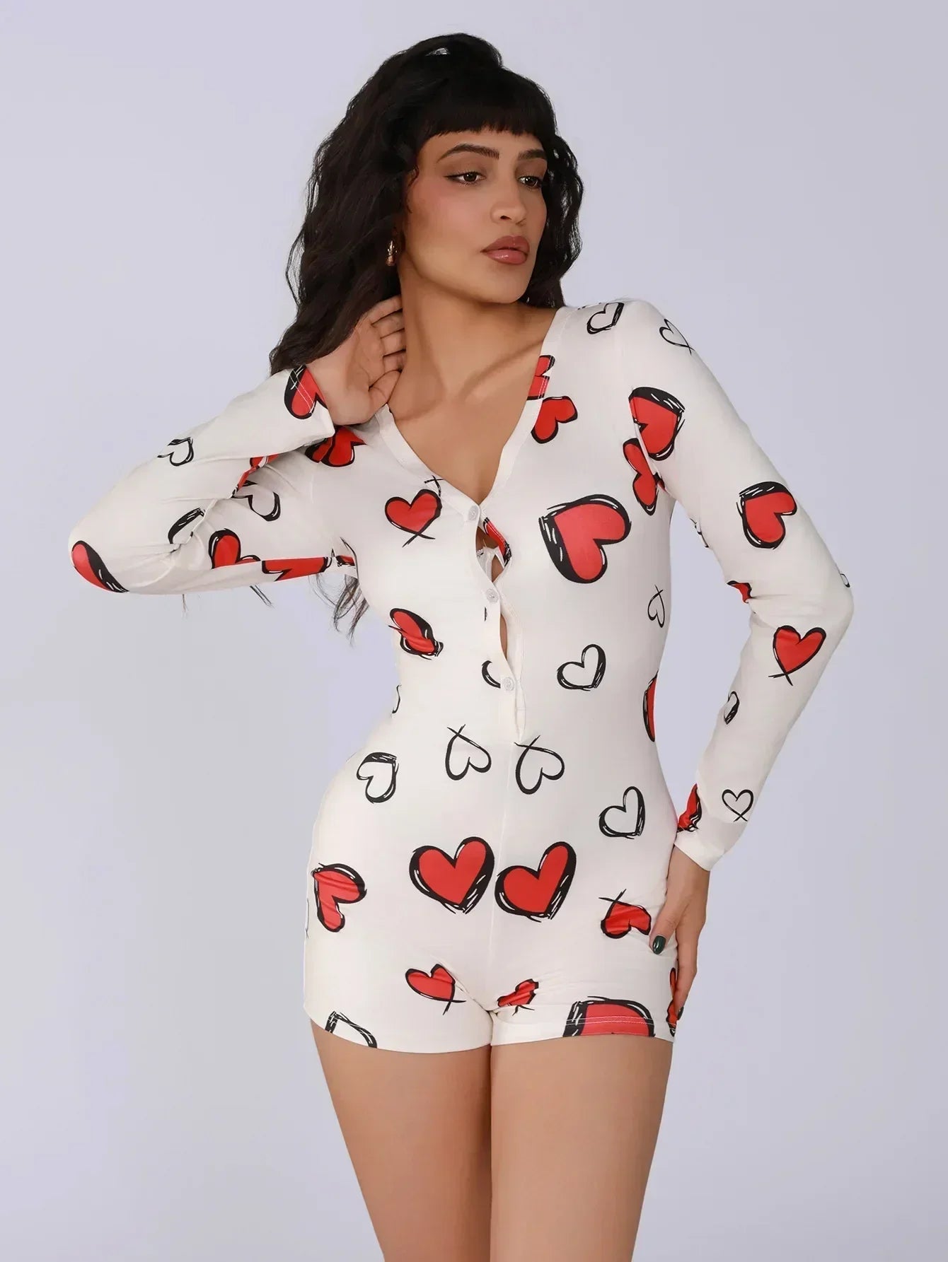 Body de una pieza para mujer, pijama sexy de chica sexy con estampado digital de corazón, conjunto de manga corta, pantalones cortos, ropa para el hogar
