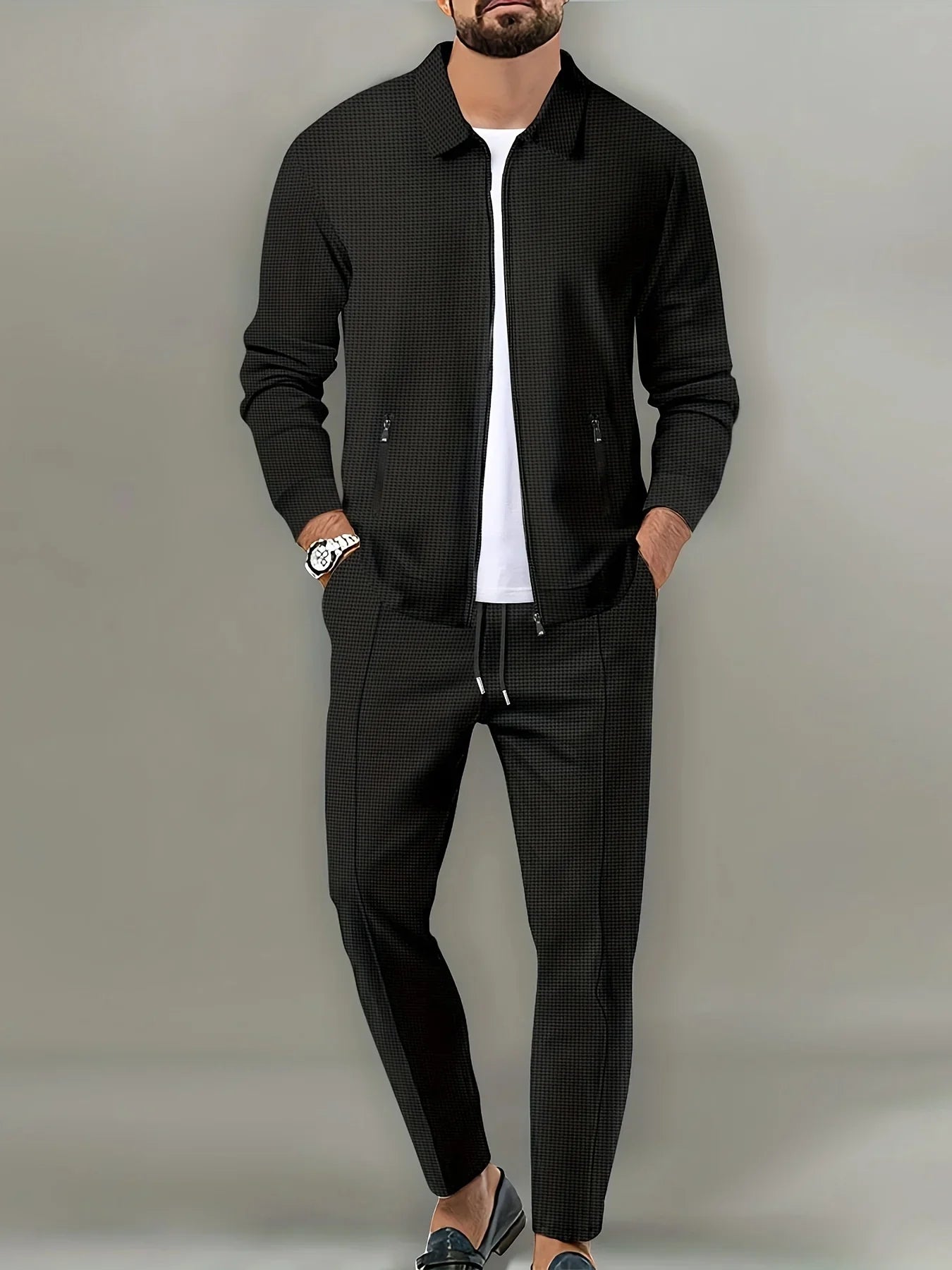 Men's Slim Fit Jacket with Zipper Pocket, Long Sleeved Sportswear, Cardigan Jacket Set, Long Pants, Elegant, two-Piece Set