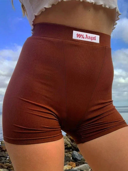 夏季白色字母刺繡騎行短褲 女式羅紋針織黑色高腰休閒街頭風短褲