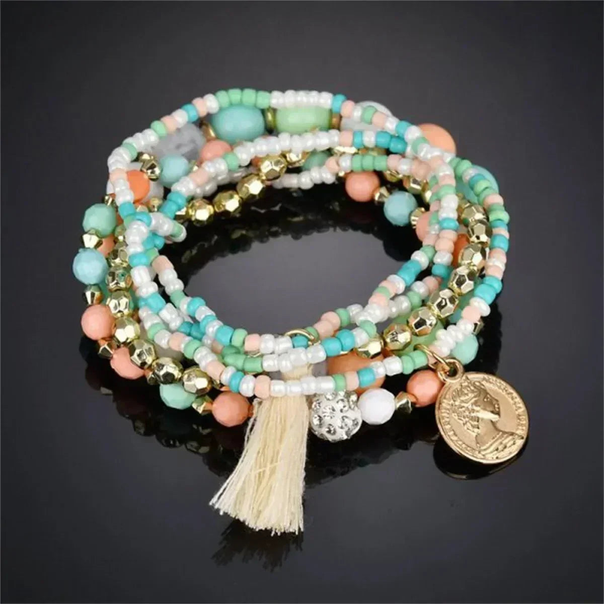 Pulseras de cuentas multicolores con borlas de cristal bohemio para mujer, hechas a mano, con cuerda elástica, joyería para fiestas de playa de verano