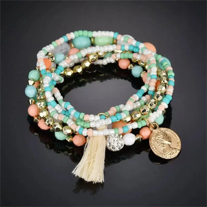 Pulseras de cuentas multicolores con borlas de cristal bohemio para mujer, hechas a mano, con cuerda elástica, joyería para fiestas de playa de verano