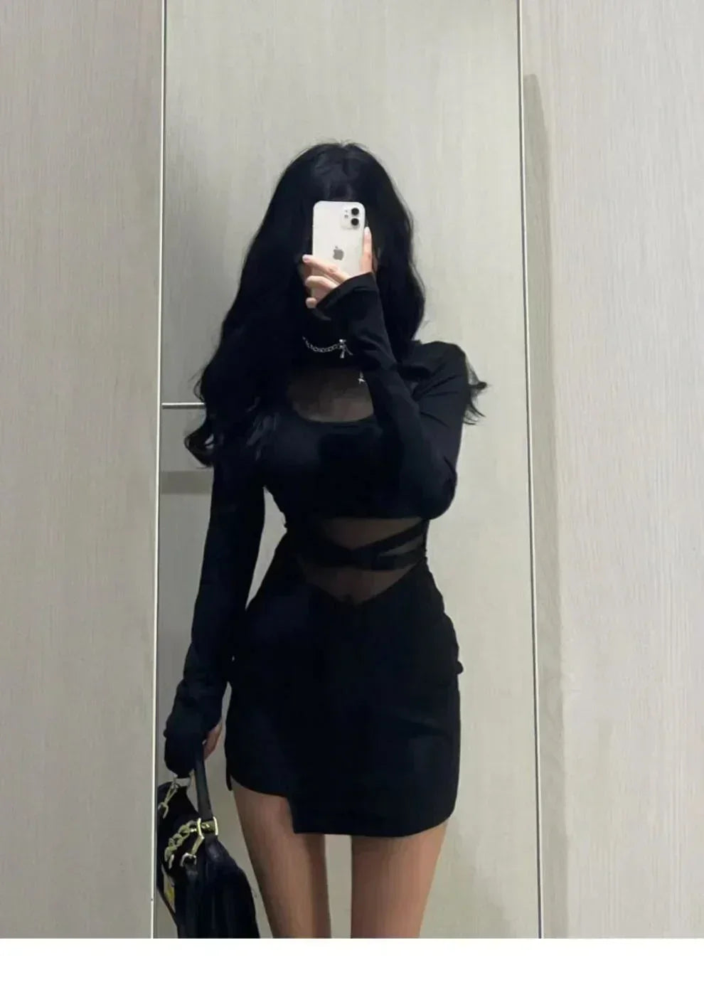 疊袖新款性感黑色魚骨連身裙