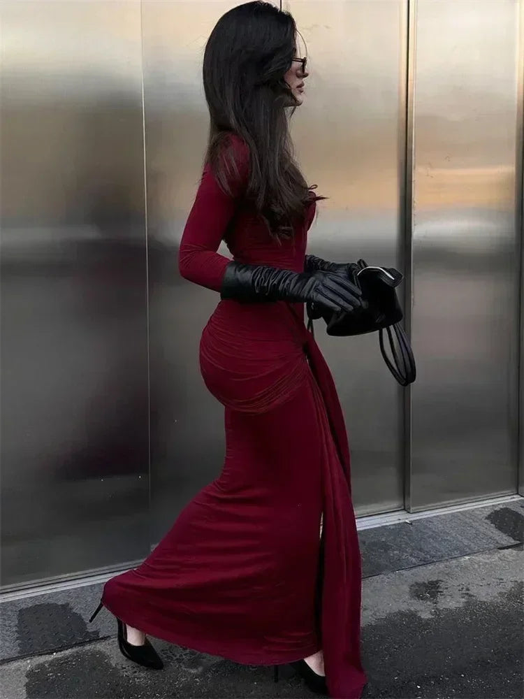 Vestido maxi sexy plisado para mujer de Tossy con retazos y manga larga ajustada