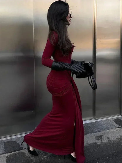 Vestido maxi sexy plisado para mujer de Tossy con retazos y manga larga ajustada