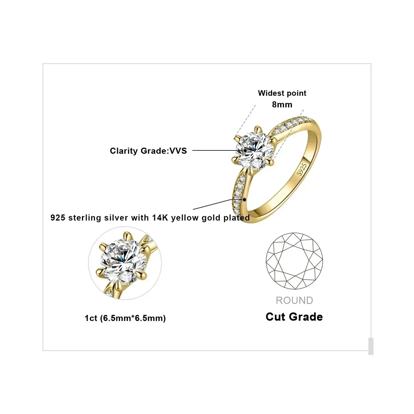 Anillo de compromiso de boda en plata de ley S925 con moissanita color D de JewelryPalace, redondo, 0,5 ct, 1 ct, 1,5 ct, 2 ct y 3 ct, para mujer