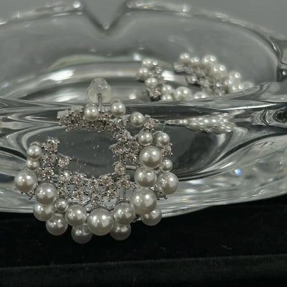 Vintage Rhinestone Firework Stud Earrings for Women Elegant Double Row Imitation Pearl Earring Girl Party Wedding Jewelry